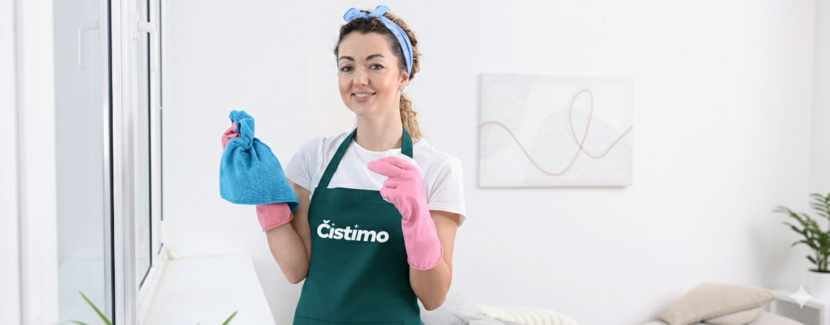Nasmiješena čistačica u zelenoj Čistimo pregači i ružičastim rukavicama drži plavu krpu za čišćenje, spremna za uslugu čišćenja stana